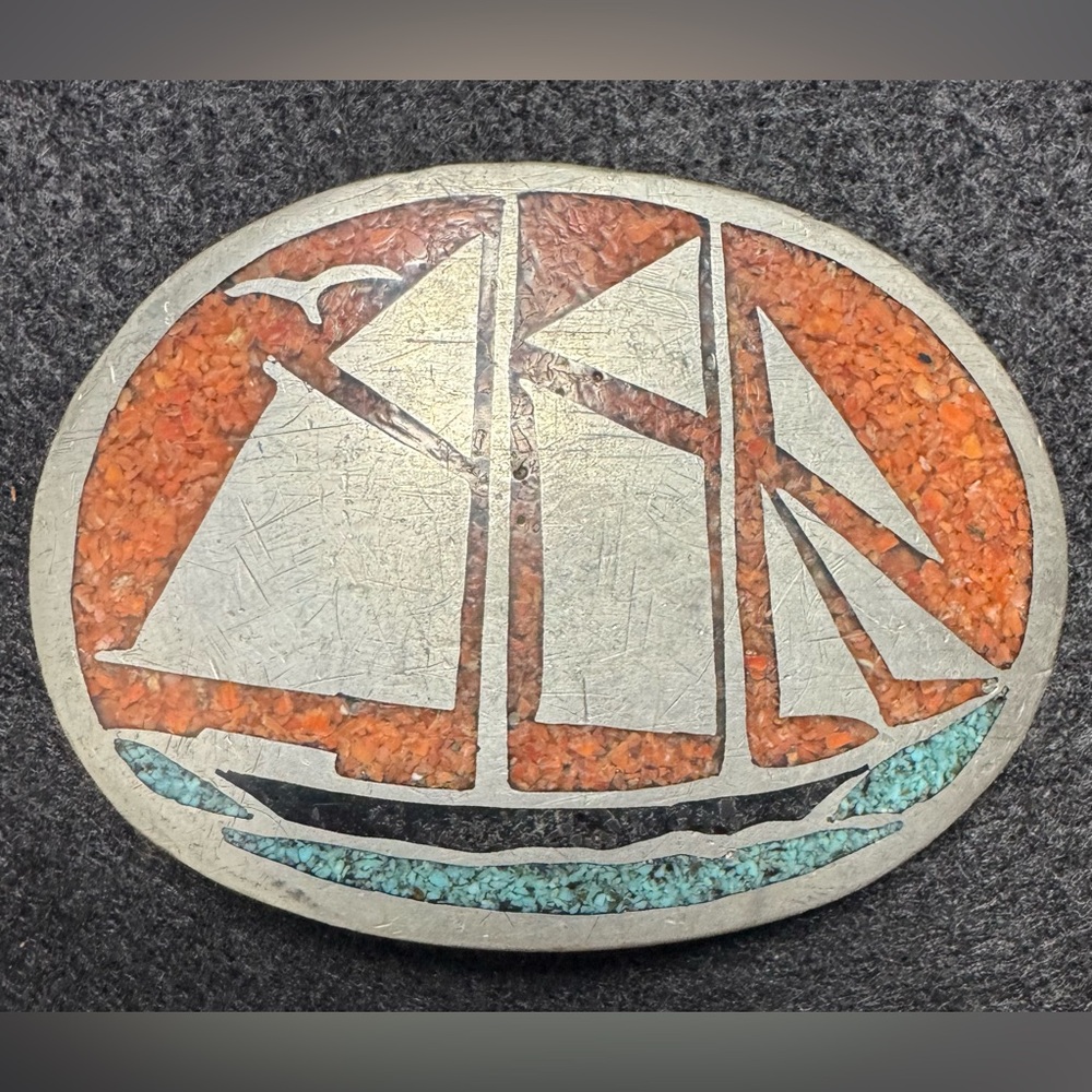Vintage 80s Pewter Belt Buckle Signed Harold Hicock Inlaid w Crushed Turquoise